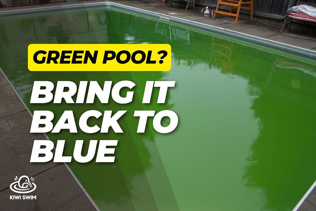 Green and cloudy residential swimming pool showing an algae problem in a New Zealand backyard.