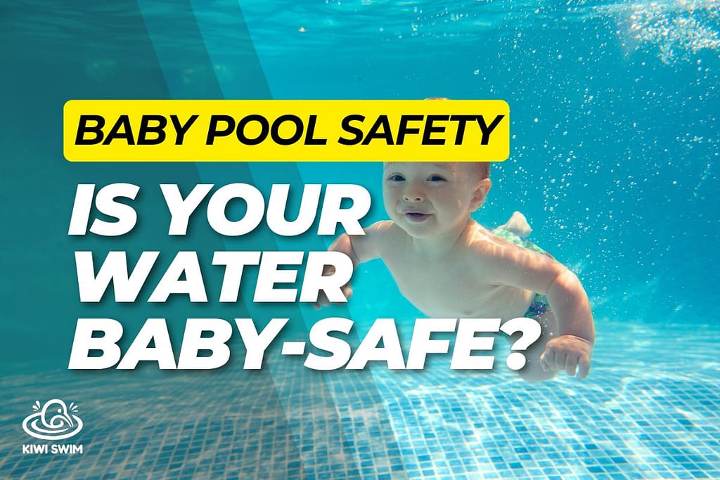 Baby swimming underwater in a clean residential tile pool.