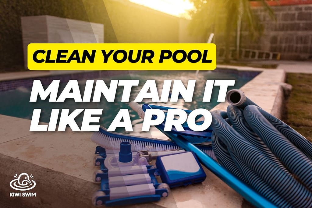 a residential swimming pool with cleaning gear on the side