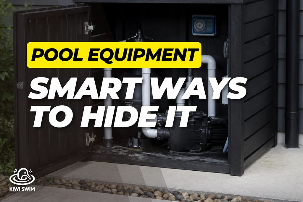 Pool equipment neatly concealed behind a timber enclosure beside a swimming pool owners house.