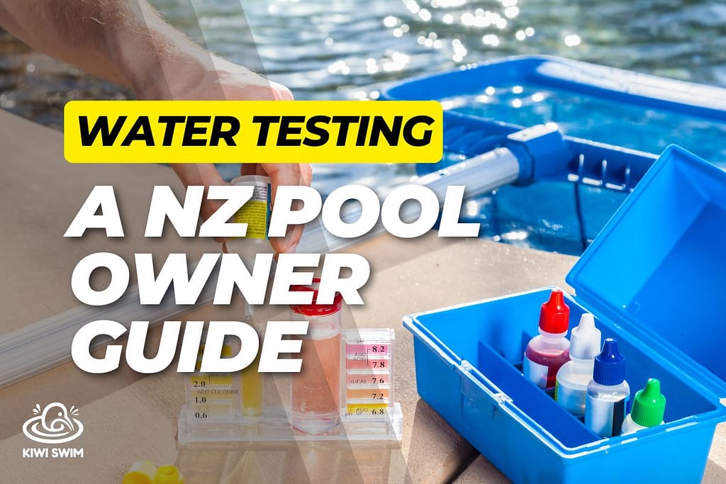 Pool owner testing swimming pool water with a test kit in a New Zealand backyard.