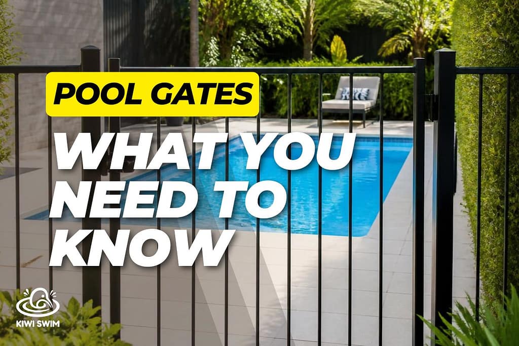 a standard New Zealand pool gate with swimming pool in the background