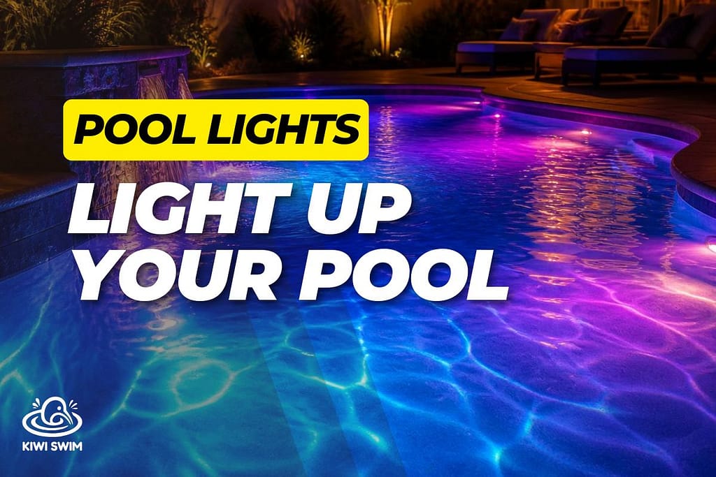 A residential pool at nights with brilliant lights glowing under water