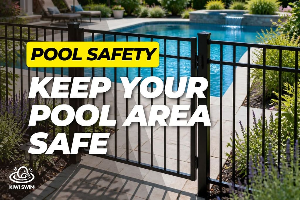 a pool safety fence and gate with the swimming pool in the background
